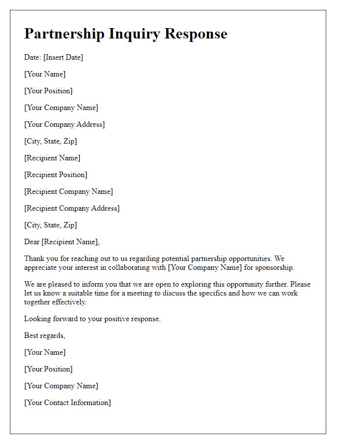 Letter template of partnership inquiry response for sponsorship opportunity.