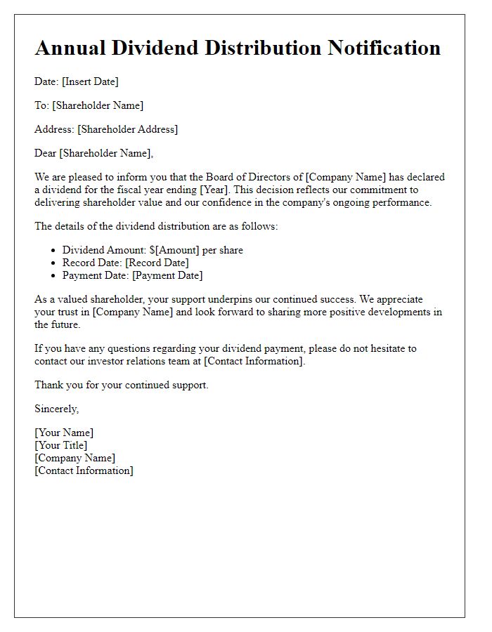 Letter template of annual distribution of dividends to shareholders.