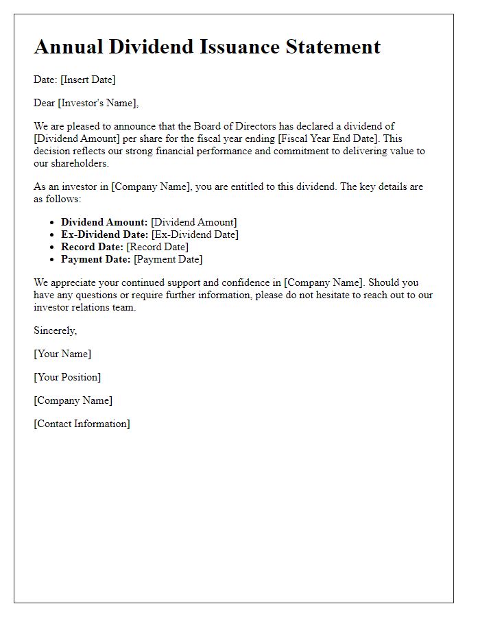 Letter template of annual dividend issuance statement for investors.