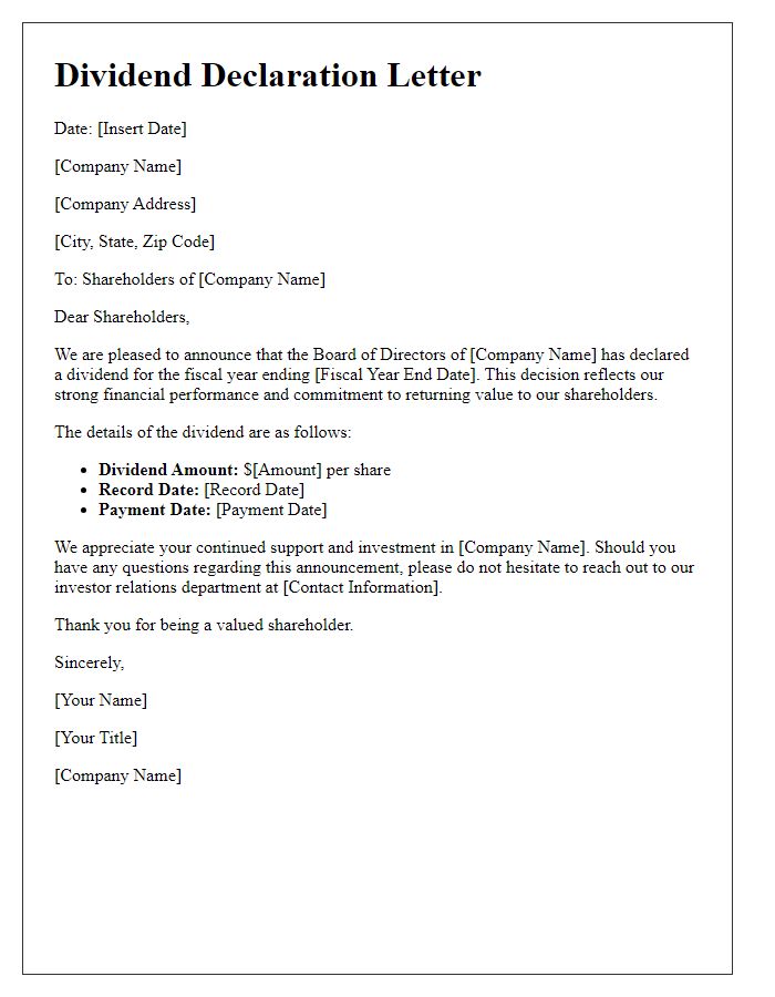 Letter template of shareholder dividend declaration for the fiscal year.