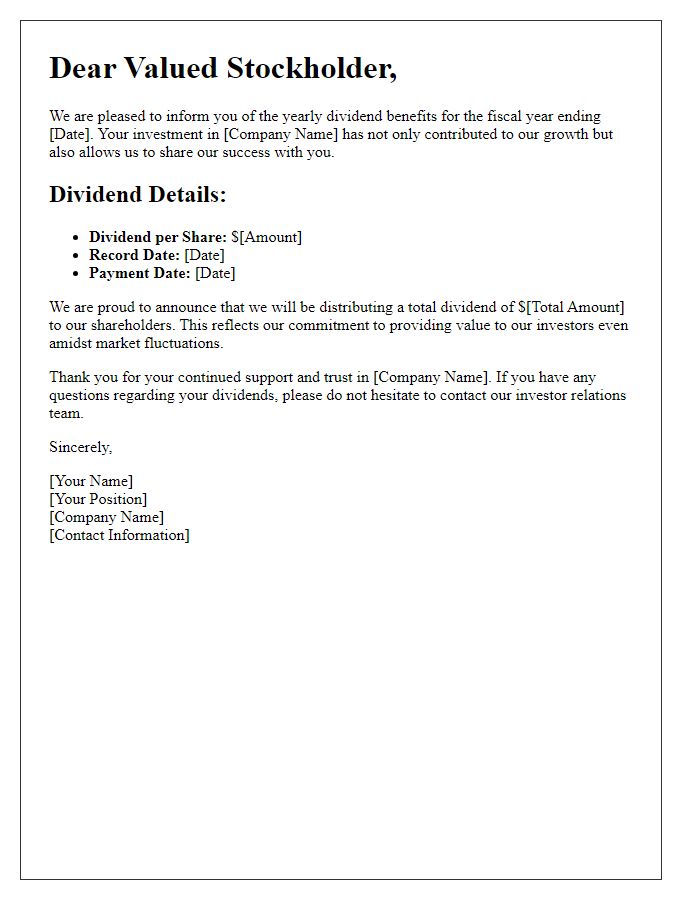 Letter template of yearly dividend benefits communication for stockholders.