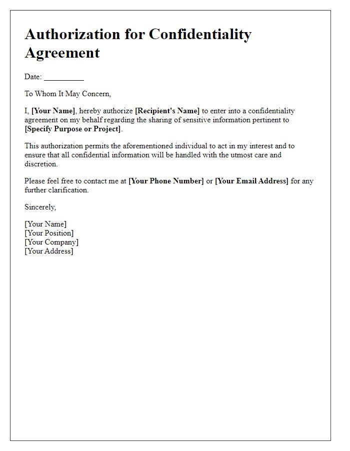 Letter template of Authorization for Confidentiality Agreement