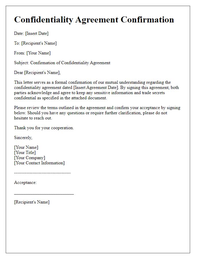 Letter template of Confidentiality Agreement Confirmation