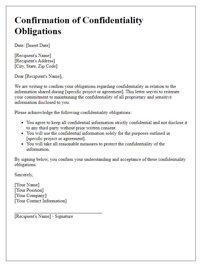 Letter template of Confirmation of Confidentiality Obligations