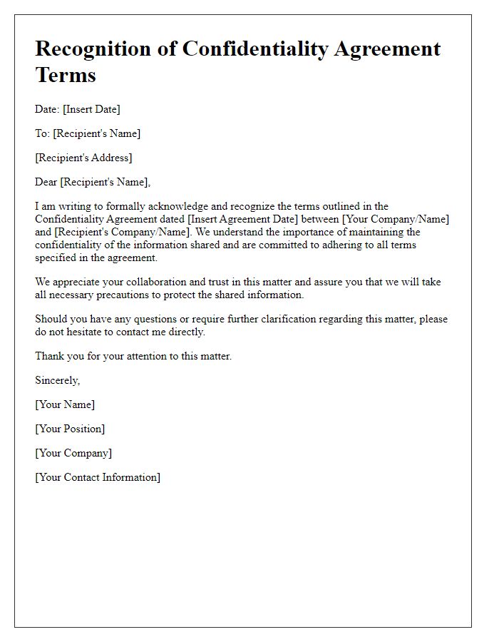 Letter template of Recognition of Confidentiality Agreement Terms