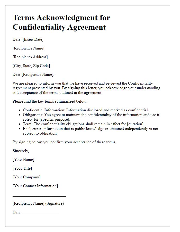 Letter template of Terms Acknowledgment for Confidentiality Agreement