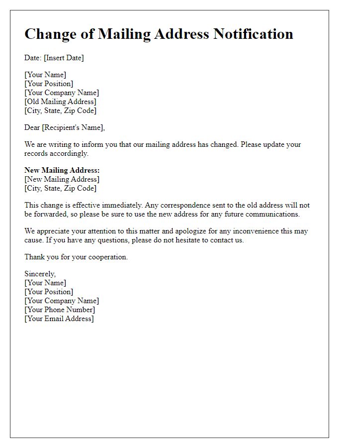 Letter template of change of mailing address for business purposes.