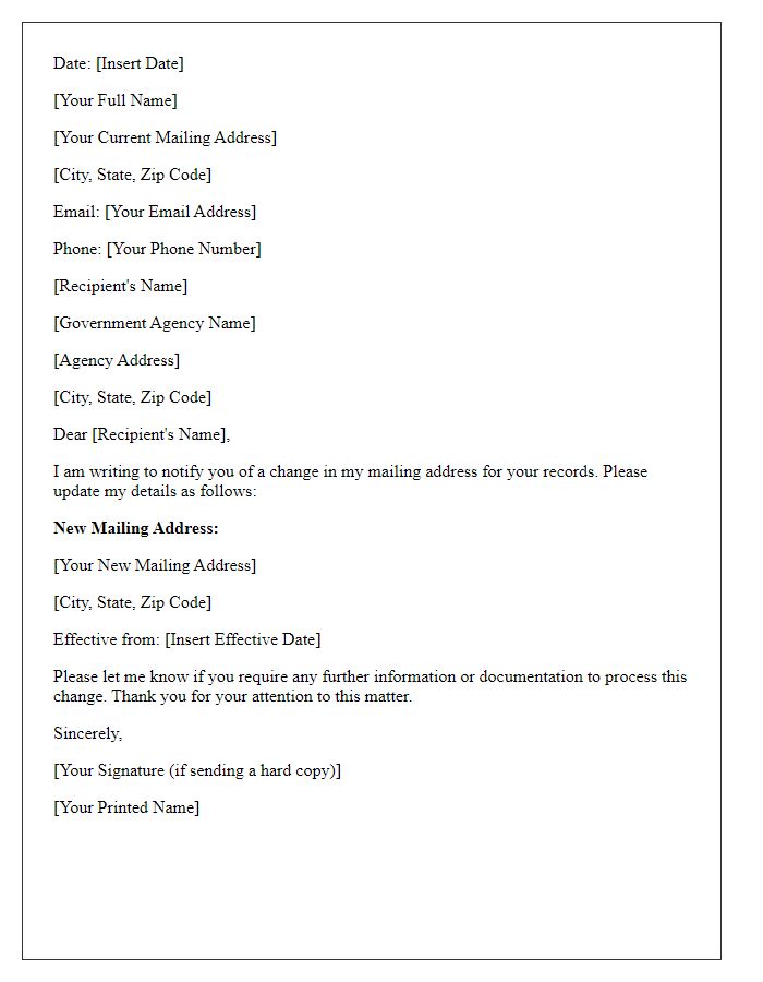 Letter template of change of mailing address for government agencies.