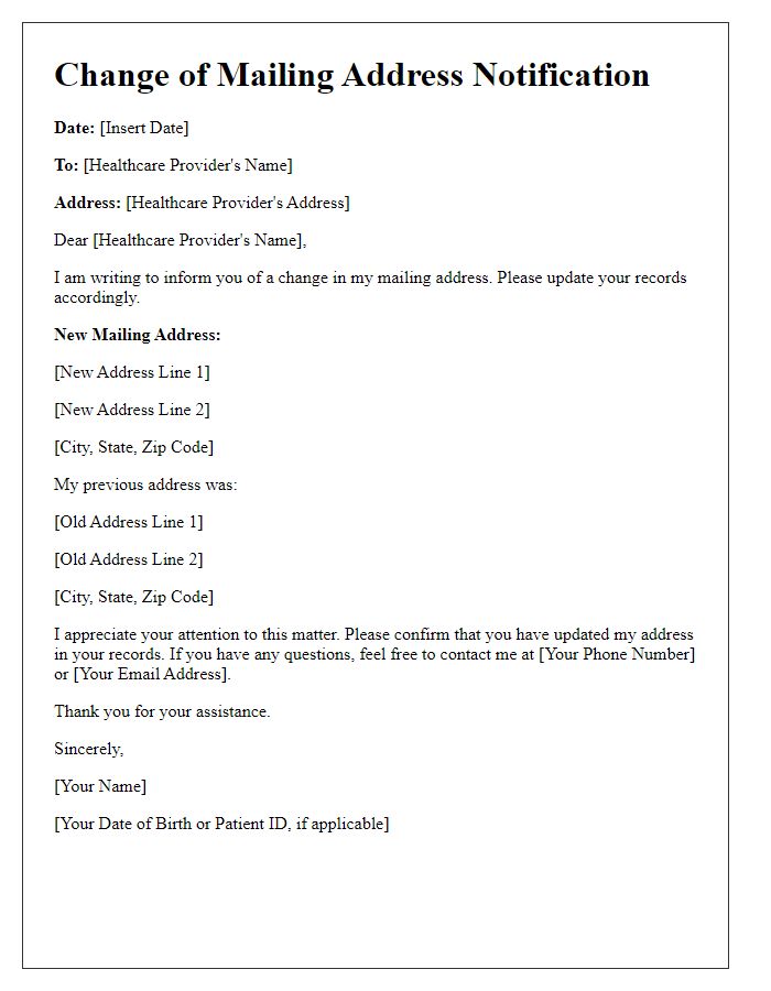 Letter template of change of mailing address for healthcare providers.