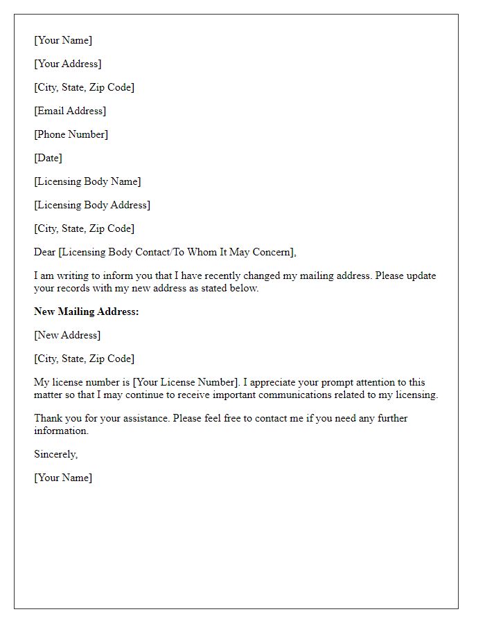 Letter template of change of mailing address for professional licensing bodies.