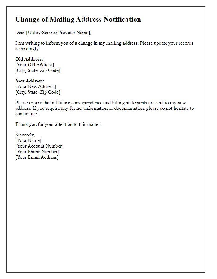 Letter template of change of mailing address for utilities and services.