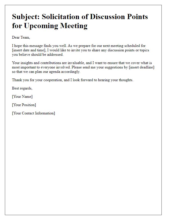 Letter template of solicitation for discussion points in next meeting