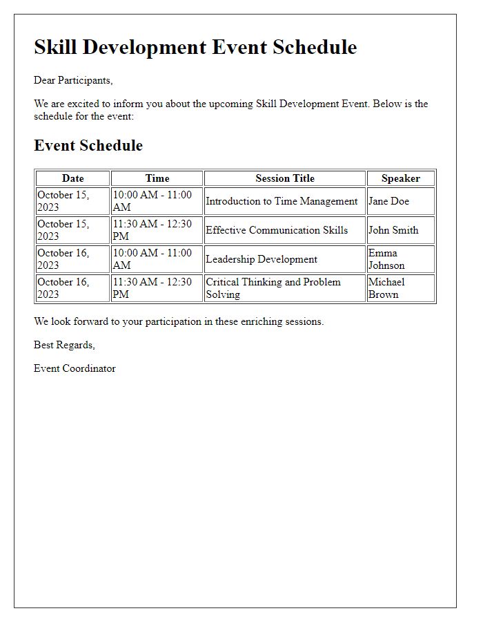 Letter template of skill development event schedule.