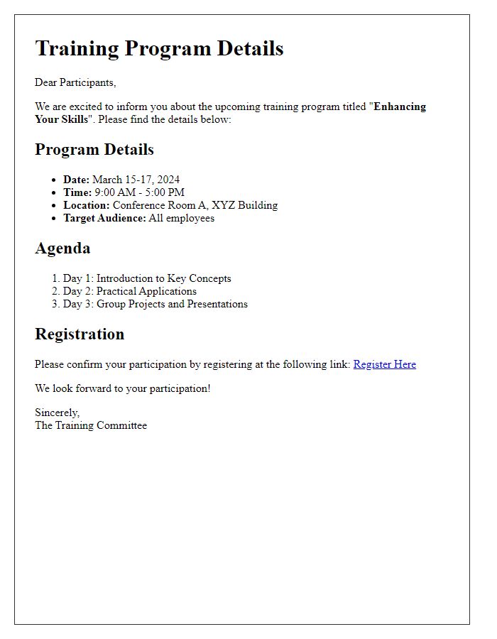 Letter template of training program details for participants.