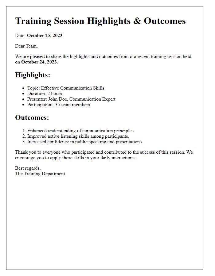 Letter template of training session highlights and outcomes.