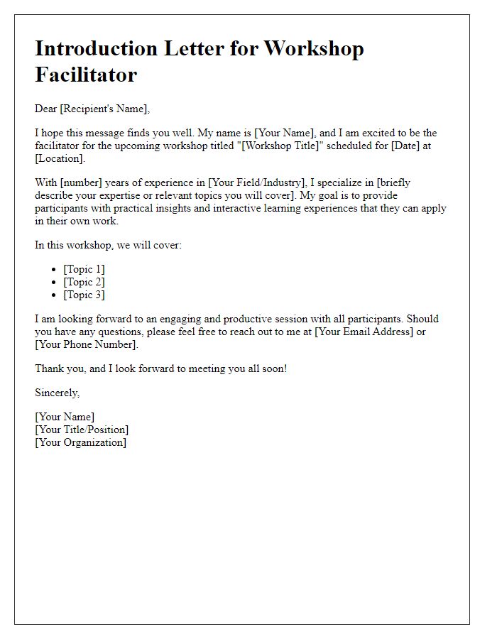 Letter template of workshop facilitator introduction.