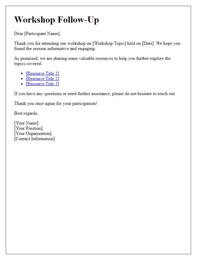 Letter template of workshop follow-up and resources.
