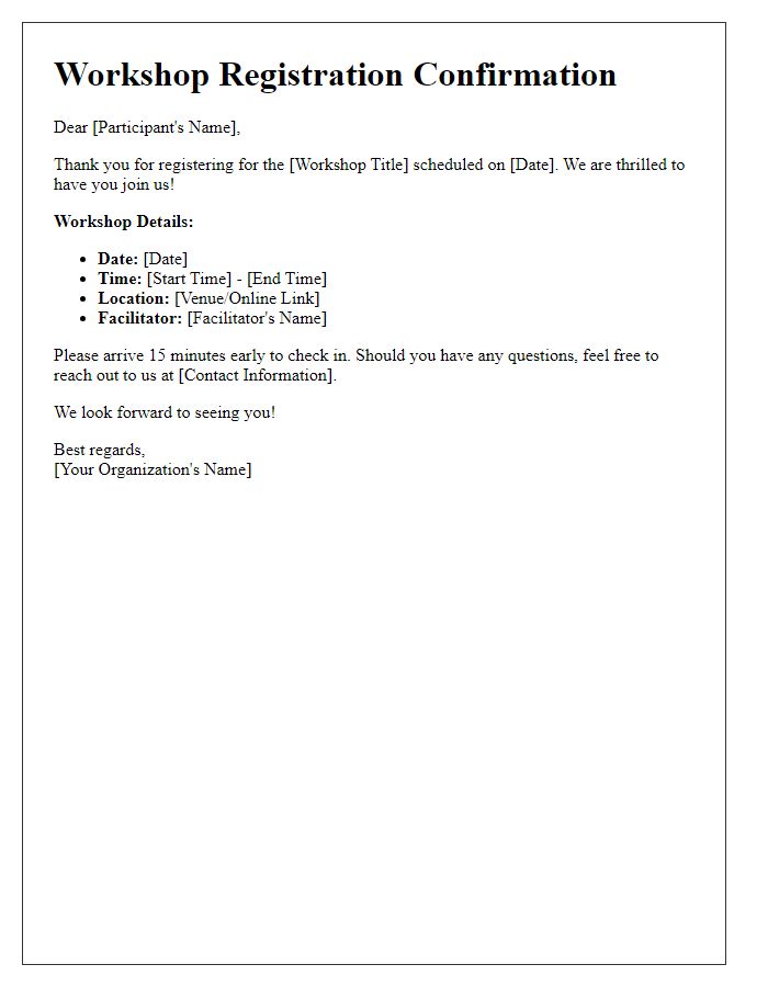 Letter template of workshop registration confirmation.