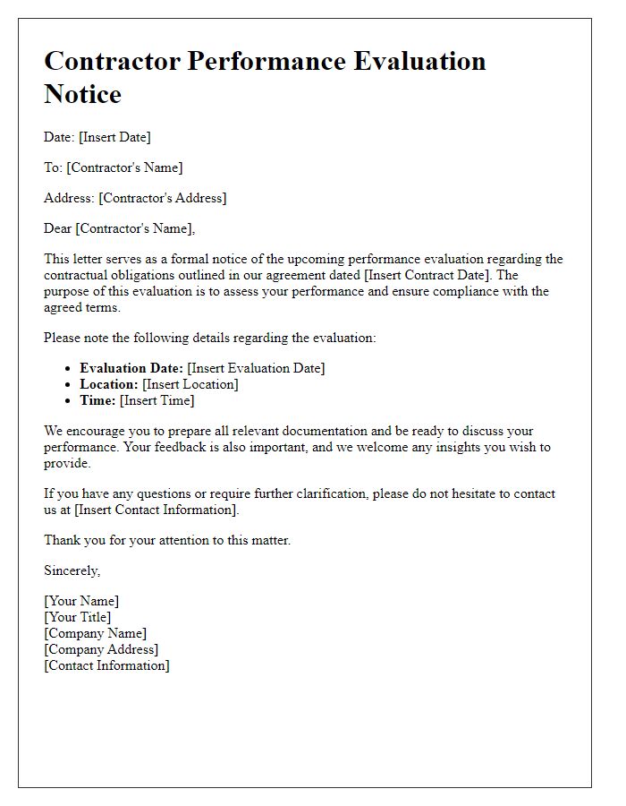 Letter template of contractor performance evaluation notice