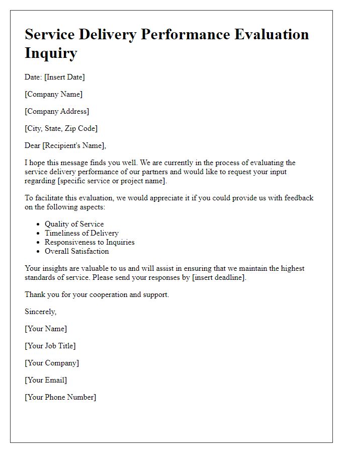 Letter template of service delivery performance evaluation inquiry