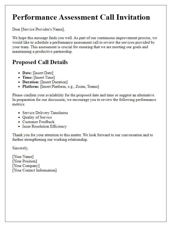 Letter template of service provider performance assessment call