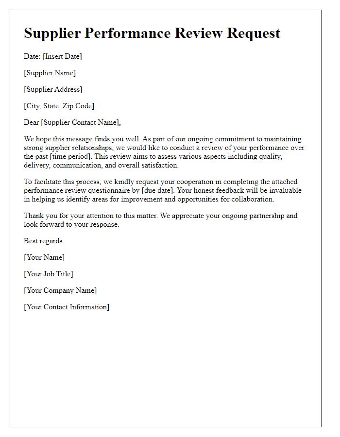 Letter template of supplier performance review request