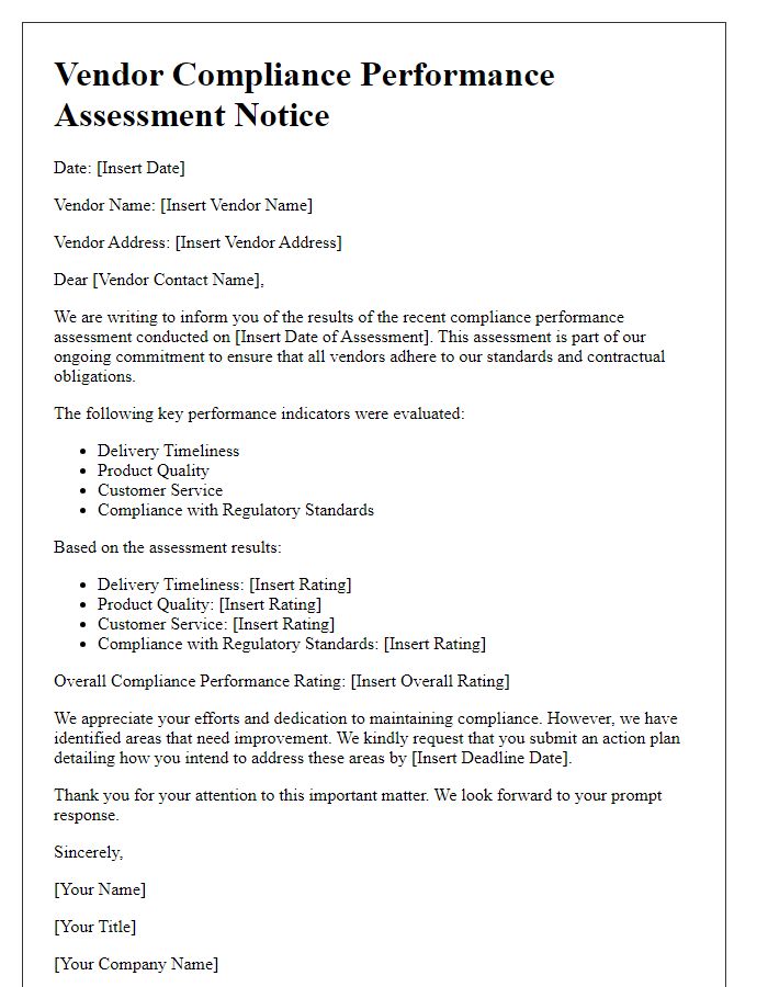 Letter template of vendor compliance performance assessment notice