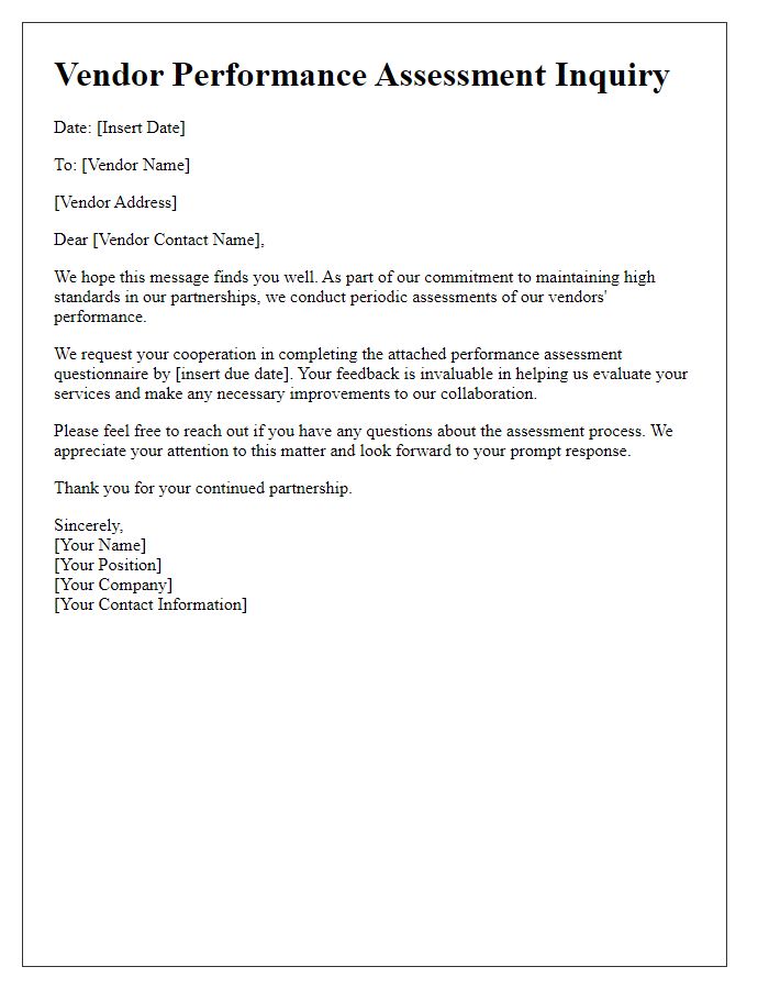 Letter template of vendor performance assessment inquiry