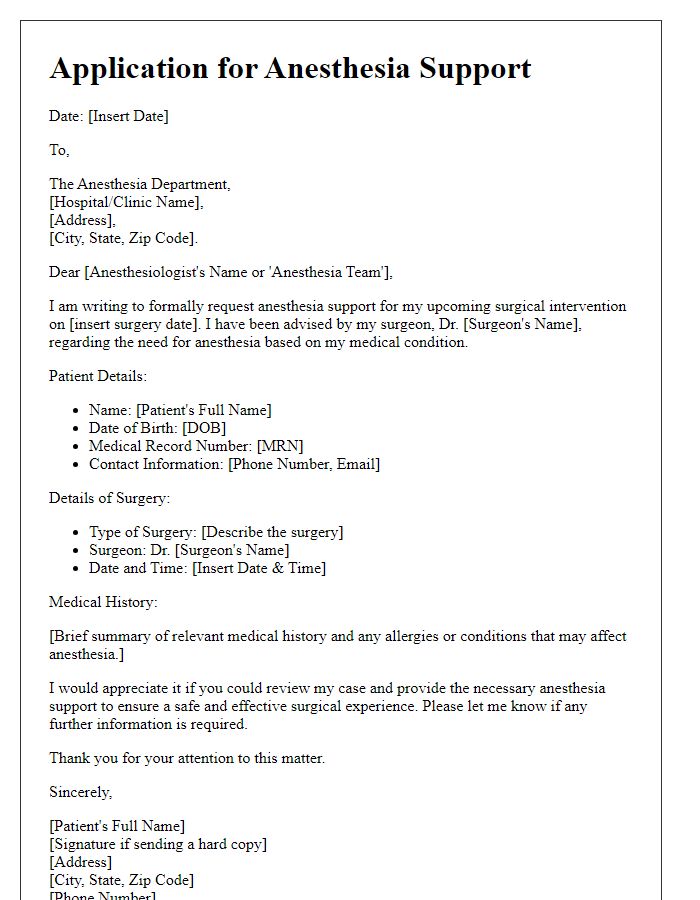 Letter template of application for anesthesia support prior to surgical intervention