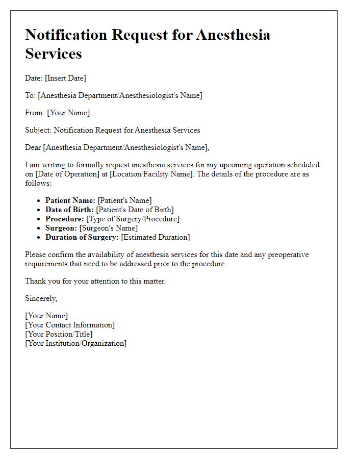 Letter template of notification request for anesthesia services for upcoming operation