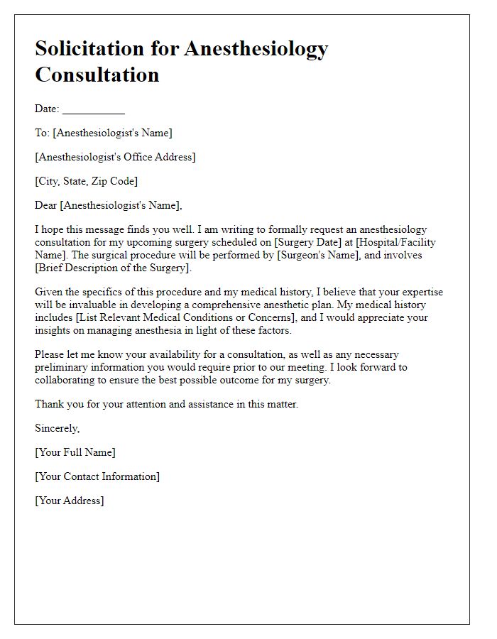 Letter template of solicitation for anesthesiology consultation for future surgery