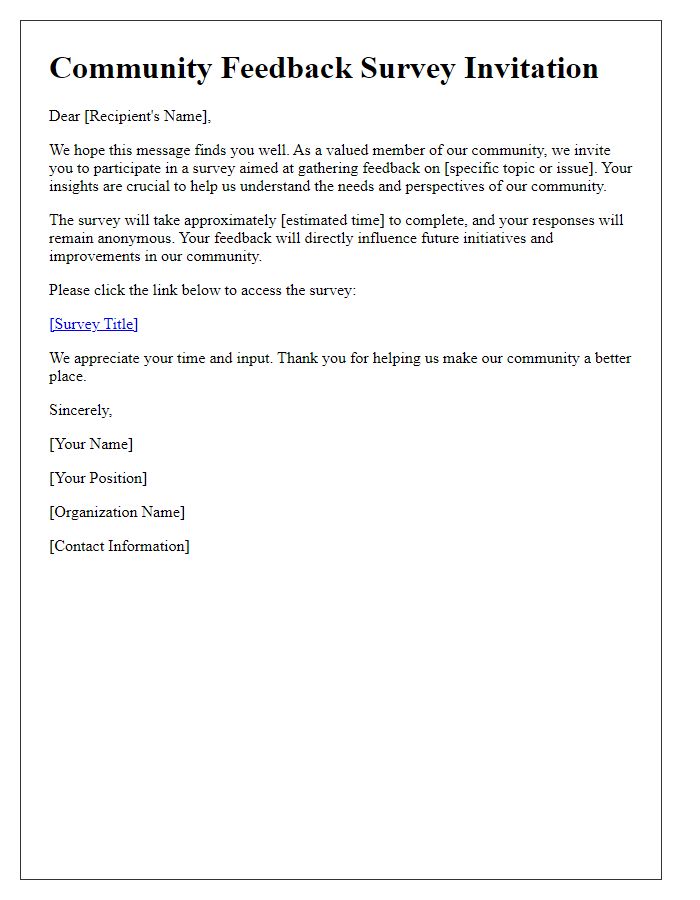 Letter template of survey participation invitation for community feedback.