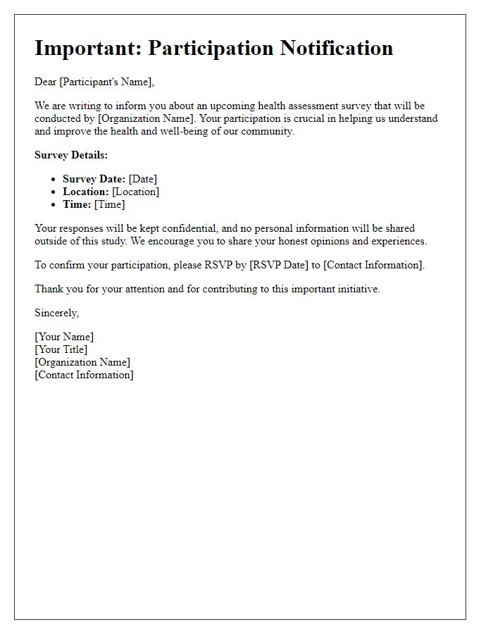 Letter template of survey participation notification for health assessment.