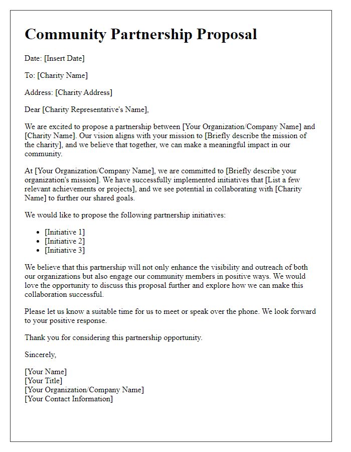 Letter template of community partnership proposal for local charities