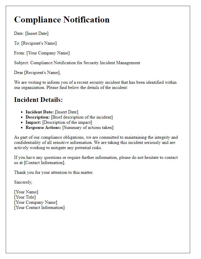 Letter template of Compliance Notification for Security Incident Management