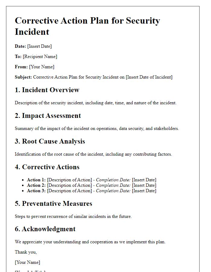 Letter template of Corrective Action Plan for Security Incidents