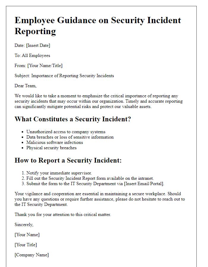 Letter template of Employee Guidance on Security Incident Reporting