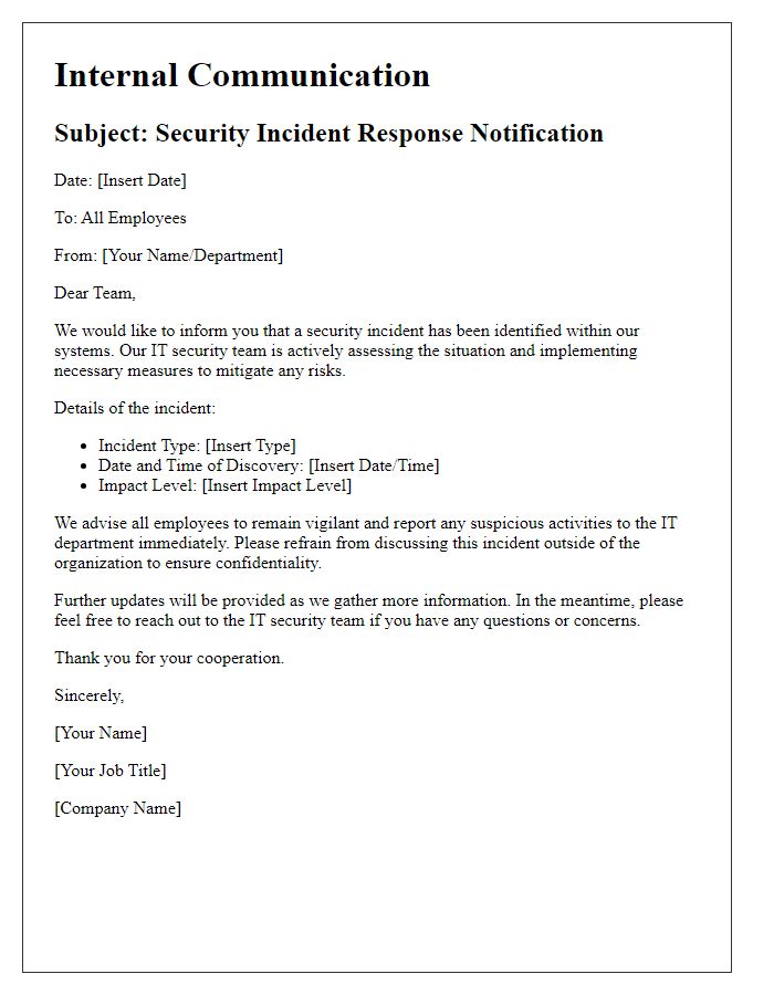 Letter template of Internal Communication for Security Incident Response