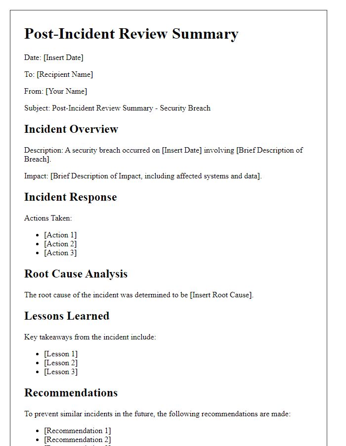 Letter template of Post-Incident Review Summary for Security Breaches