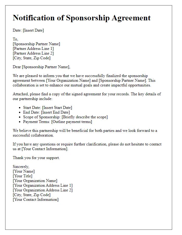 Letter template of notification for sponsorship agreement