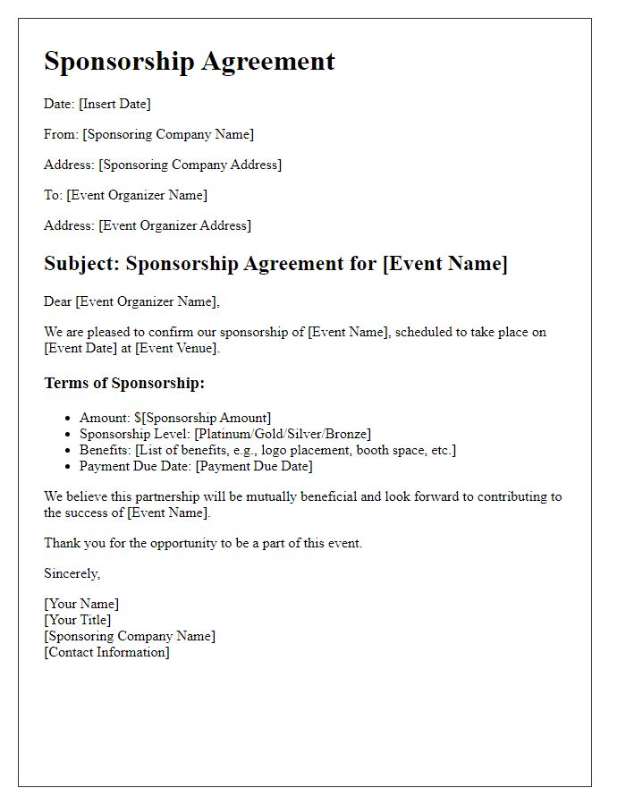 Letter template of sponsorship agreement for the event