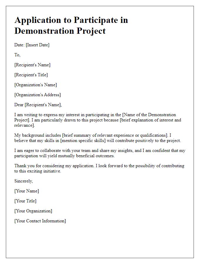 Letter template of application to participate in demonstration project