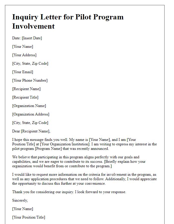 Letter template of inquiry for pilot program involvement