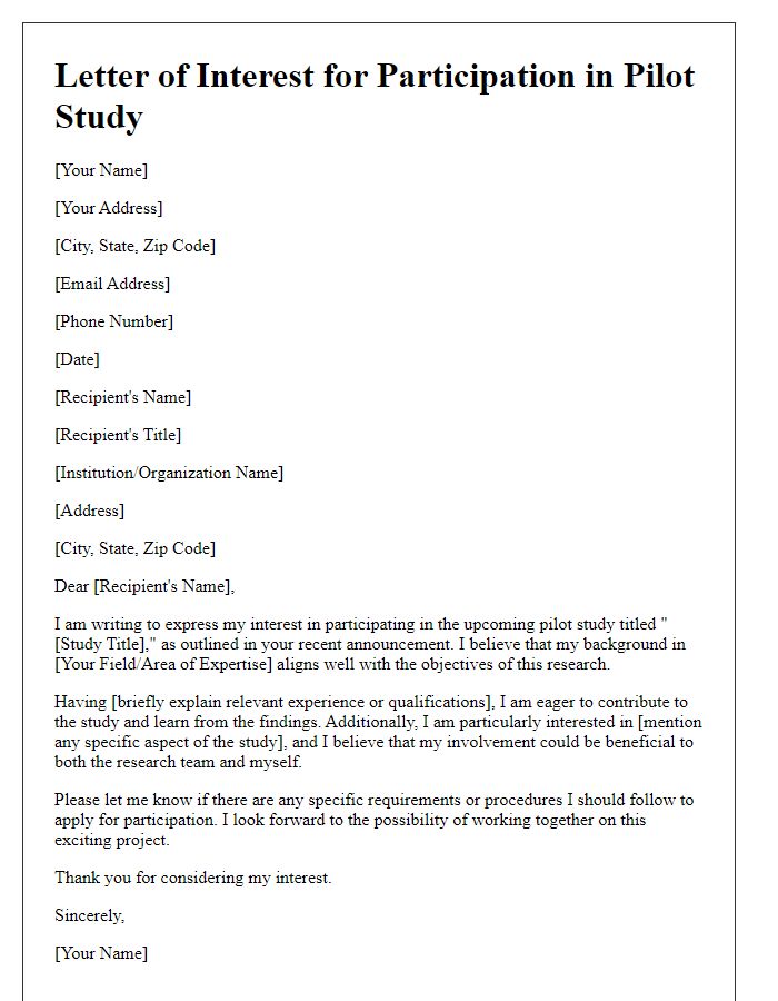 Letter template of interest for taking part in pilot study