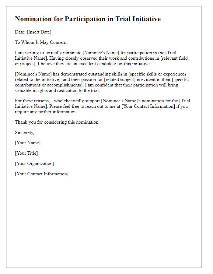 Letter template of nomination for participation in trial initiative