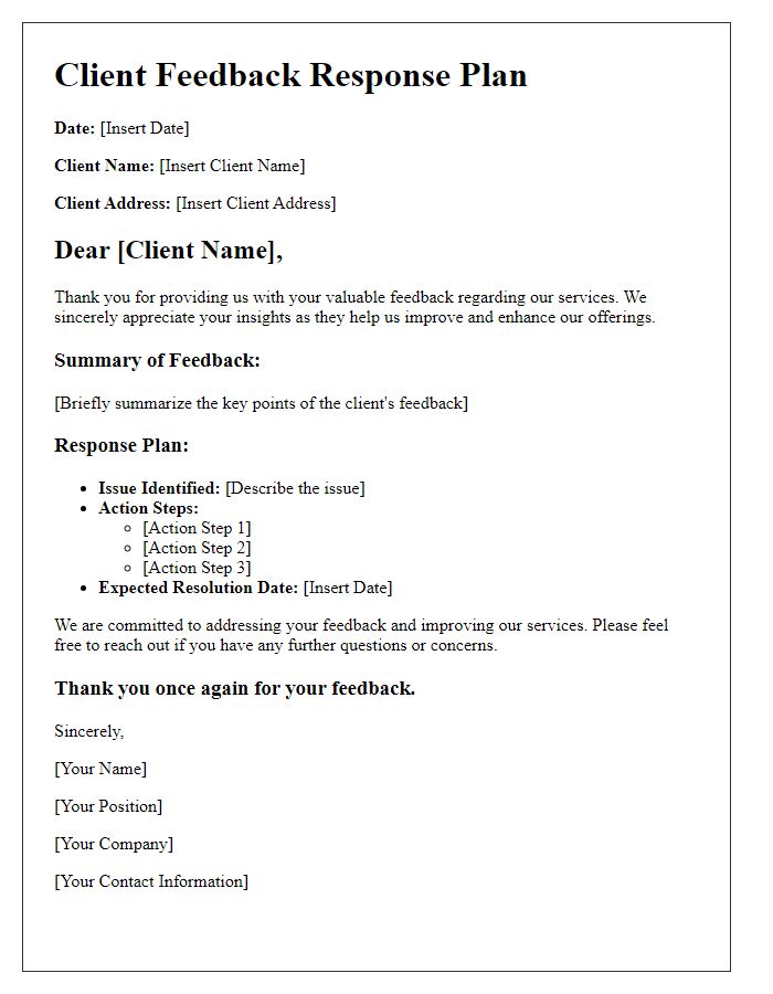 Letter template of Client Feedback Response Plan