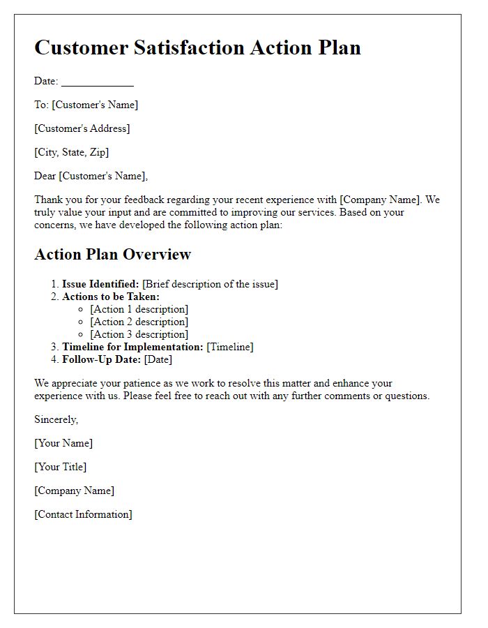 Letter template of Customer Satisfaction Action Plan