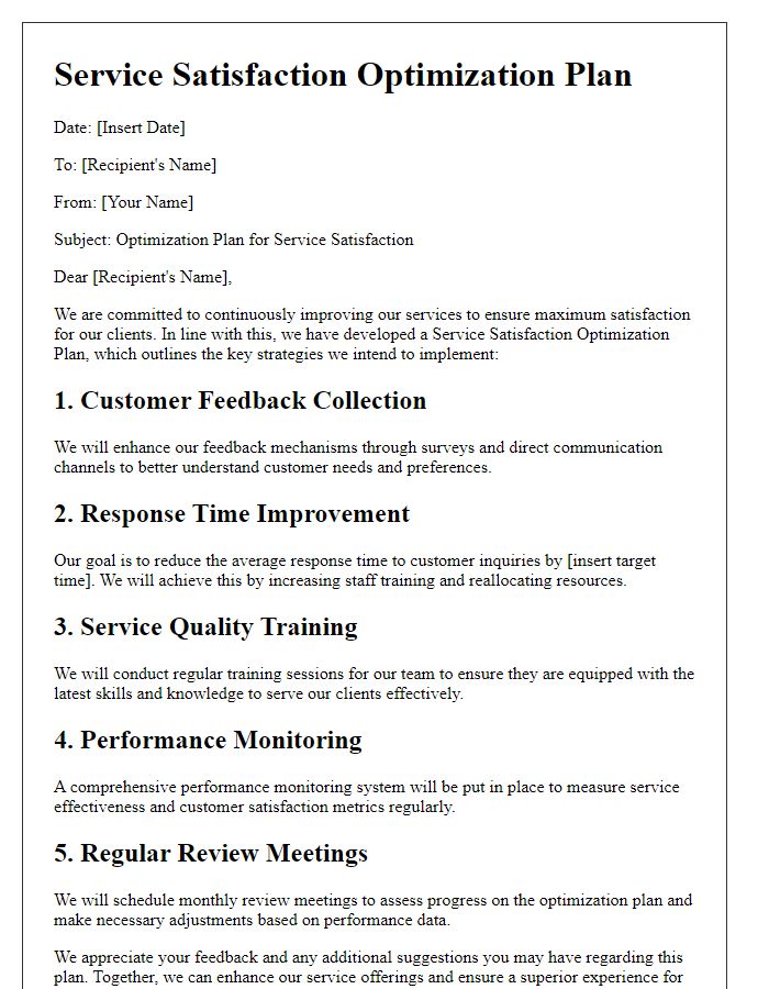 Letter template of Service Satisfaction Optimization Plan