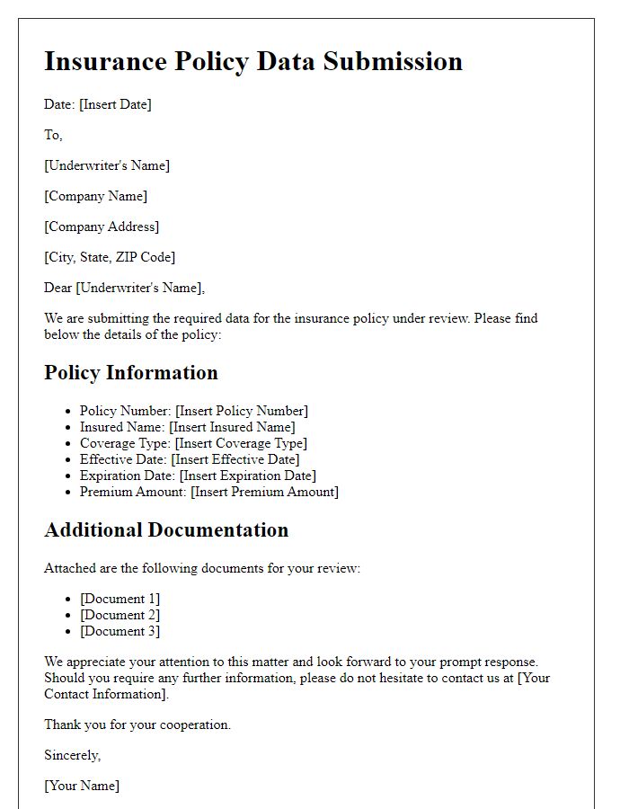 Letter template of insurance policy data submission to underwriter