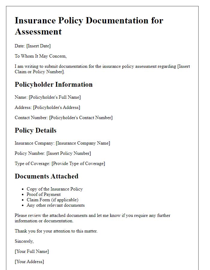 Letter template of insurance policy documentation for assessment